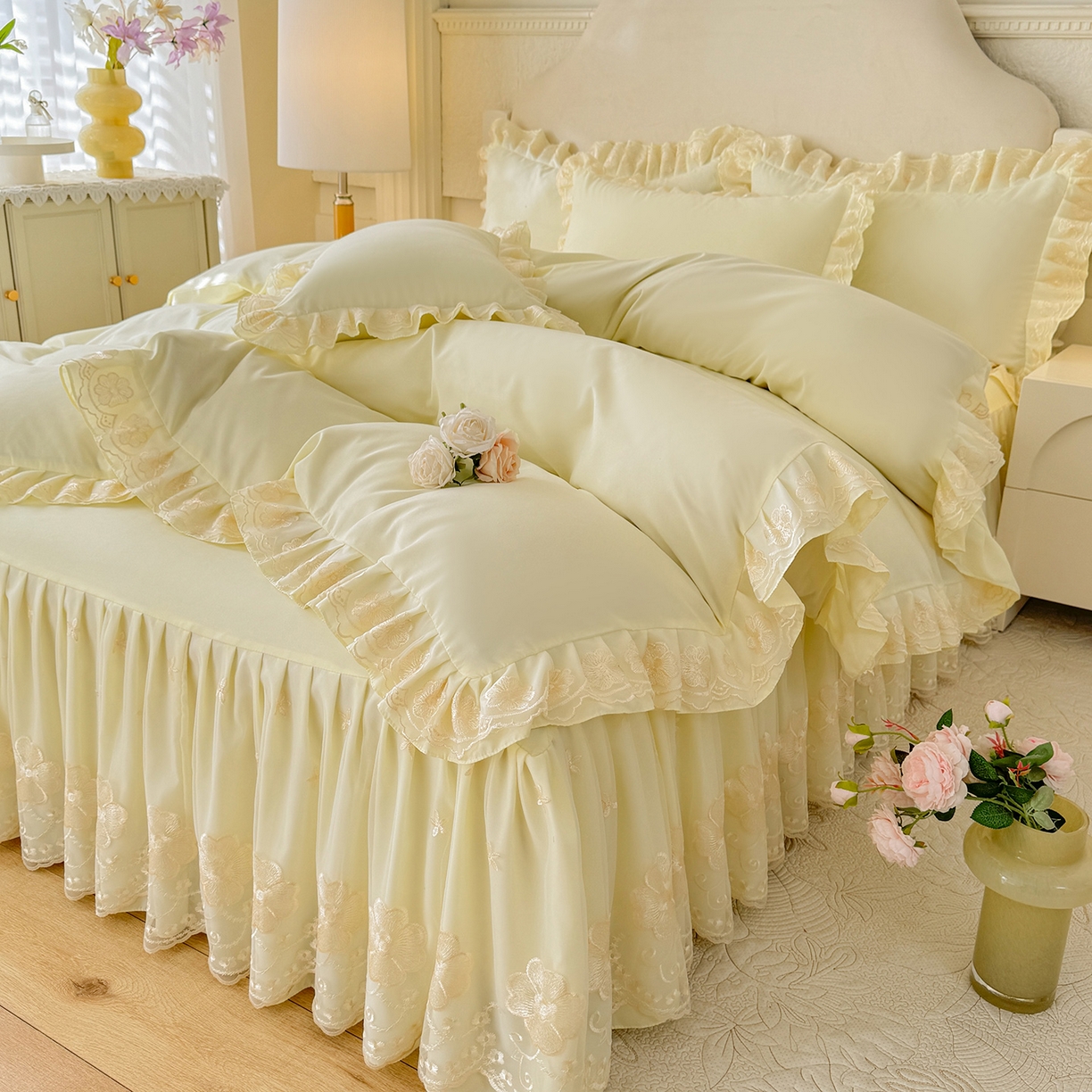 后庭寝室 2025新款亲肤花边蕾丝床裙四件套-繁花似锦系列 繁花似锦-米黄