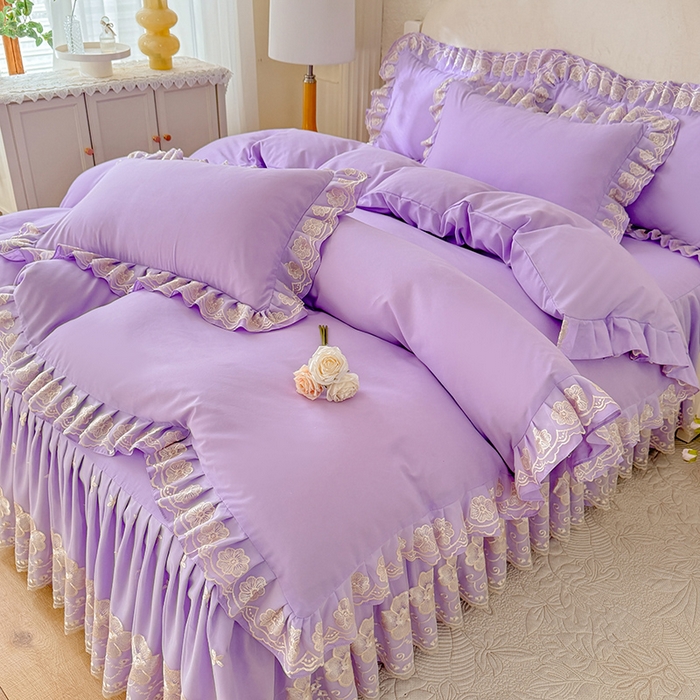 91家纺网 家纺一手货源 找家纺 后庭寝室 2025新款亲肤花边蕾丝床裙四件套-繁花似锦系列 繁花似锦-浅紫