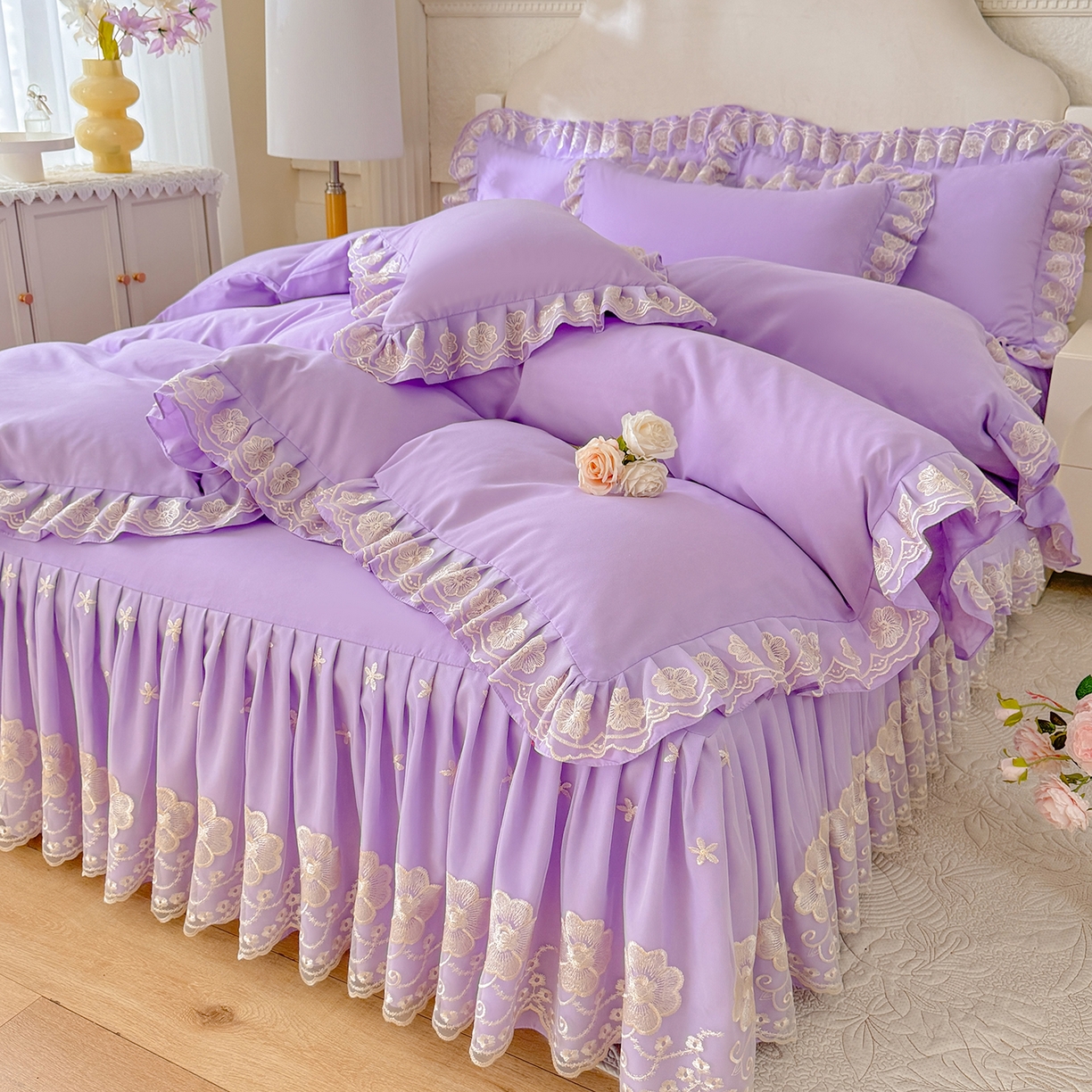 后庭寝室 2025新款亲肤花边蕾丝床裙四件套-繁花似锦系列 繁花似锦-浅紫