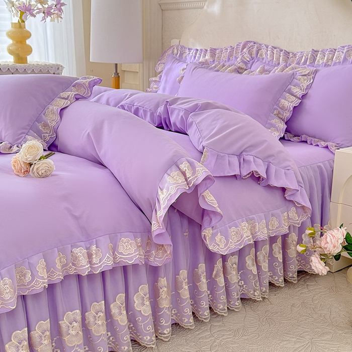 91家纺网 家纺一手货源 找家纺 后庭寝室 2025新款亲肤花边蕾丝床裙四件套-繁花似锦系列 繁花似锦-浅紫