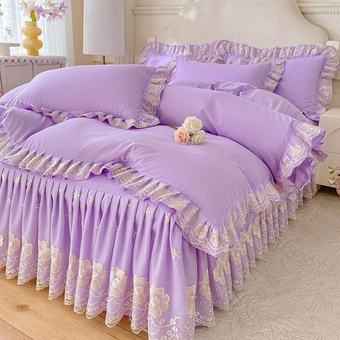 91家纺网 家纺一手货源 找家纺 后庭寝室 2025新款亲肤花边蕾丝床裙四件套-繁花似锦系列 繁花似锦-浅紫