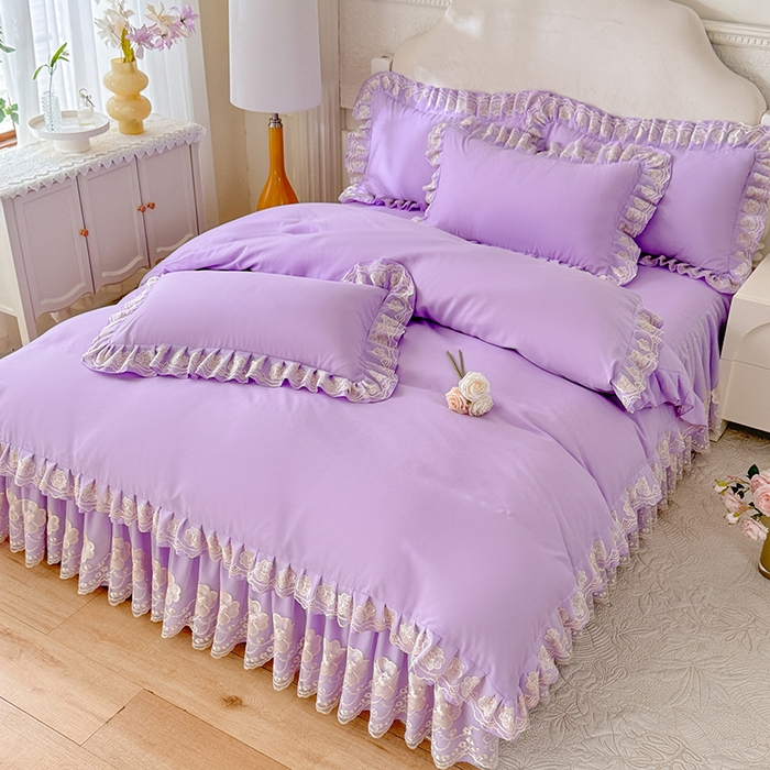 91家纺网 家纺一手货源 找家纺 后庭寝室 2025新款亲肤花边蕾丝床裙四件套-繁花似锦系列 繁花似锦-浅紫