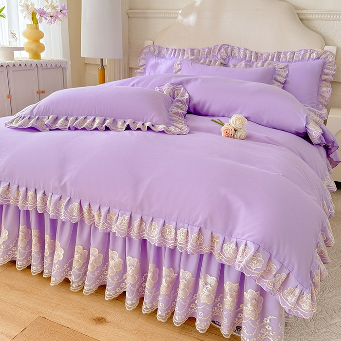 91家纺网 家纺一手货源 找家纺 后庭寝室 2025新款亲肤花边蕾丝床裙四件套-繁花似锦系列 繁花似锦-浅紫