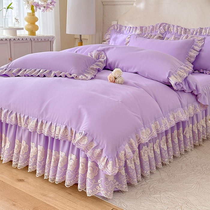 91家纺网 家纺一手货源 找家纺 后庭寝室 2025新款亲肤花边蕾丝床裙四件套-繁花似锦系列 繁花似锦-浅紫