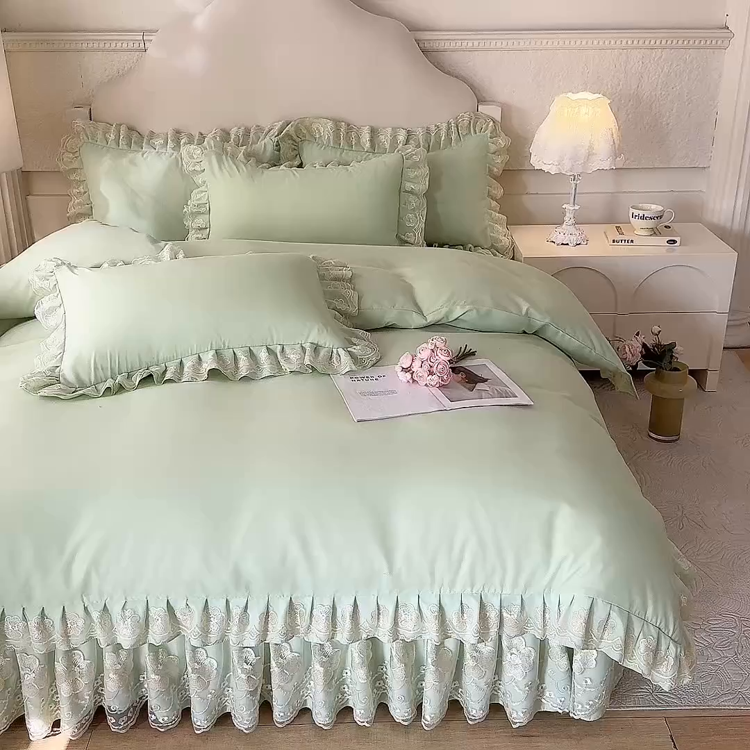 91家纺网 家纺一手货源 找家纺 后庭寝室 2025新款亲肤花边蕾丝床裙四件套-繁花似锦系列 繁花似锦-嫩绿