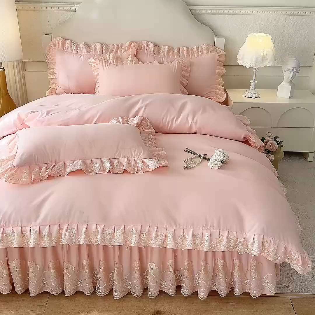 91家纺网 家纺一手货源 找家纺 后庭寝室 2025新款亲肤花边蕾丝床裙四件套-繁花似锦系列 繁花似锦-玉色