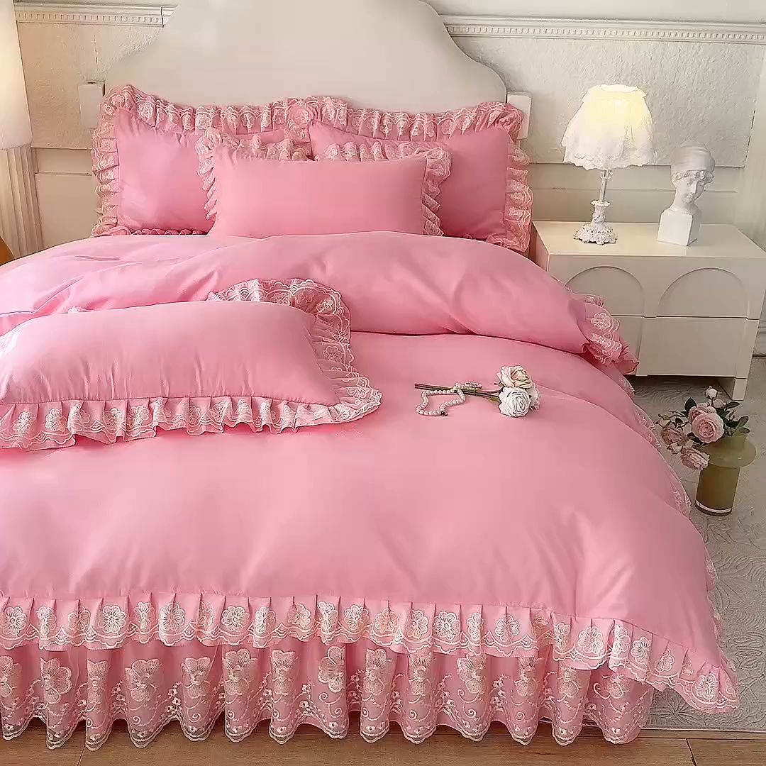 91家纺网 家纺一手货源 找家纺 后庭寝室 2025新款亲肤花边蕾丝床裙四件套-繁花似锦系列 繁花似锦-粉玉