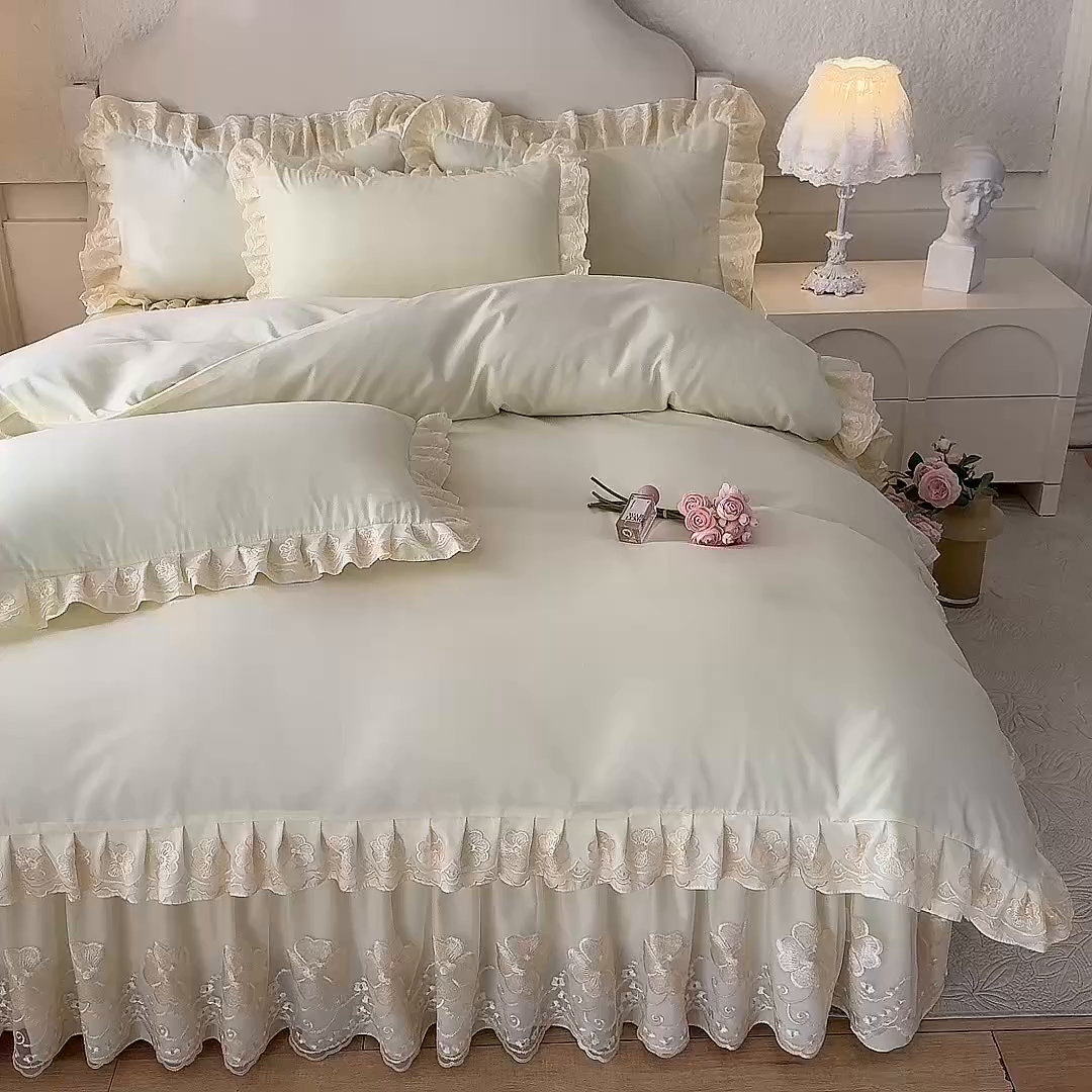 91家纺网 家纺一手货源 找家纺 后庭寝室 2025新款亲肤花边蕾丝床裙四件套-繁花似锦系列 繁花似锦-米黄