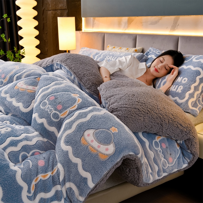 南北家居 2025新款AB版雪花绒羊羔绒冬被被子被芯 恐龙战队