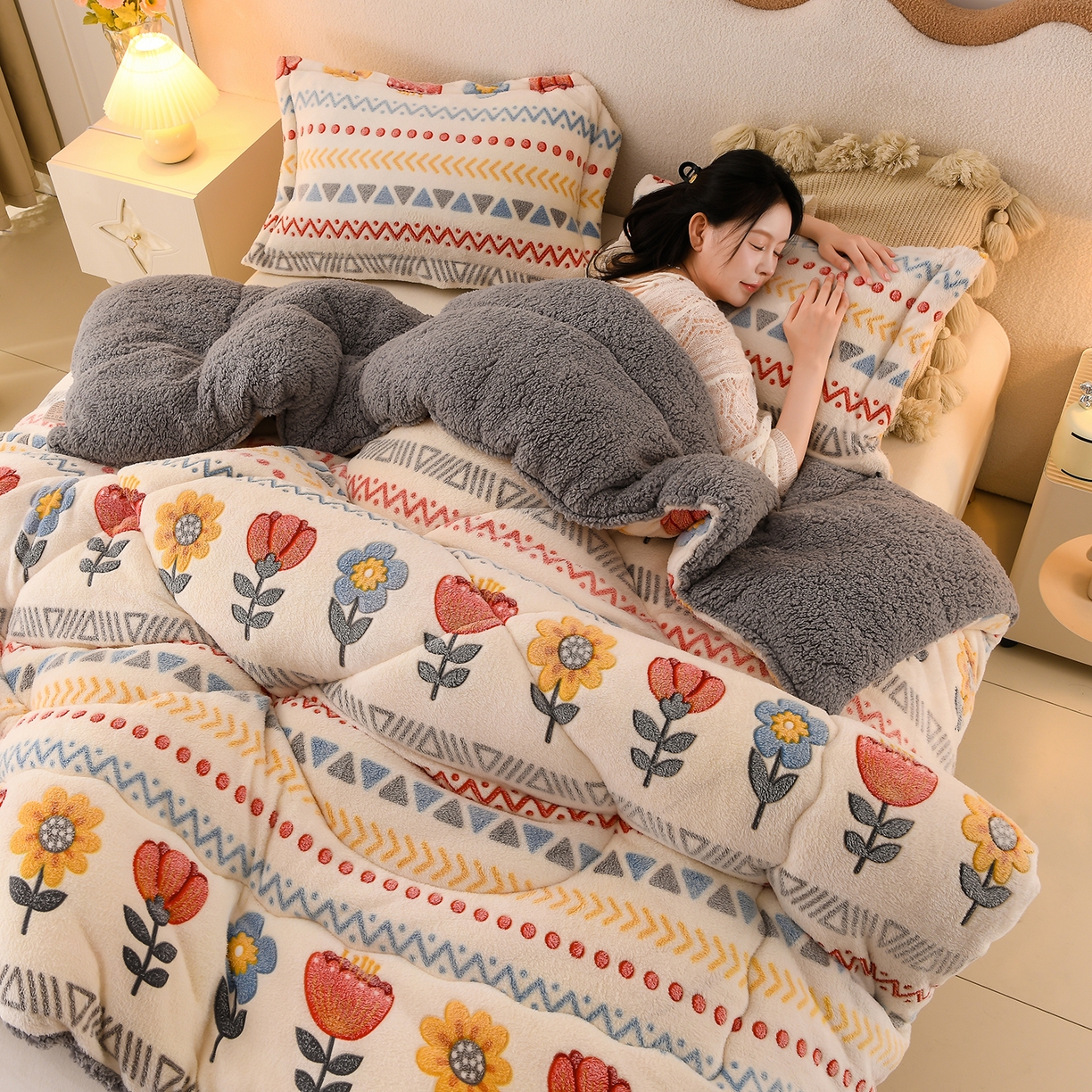 91家纺网 家纺一手货源 找家纺 南北家居 2025新款AB版雪花绒羊羔绒冬被被子被芯 波西米亚