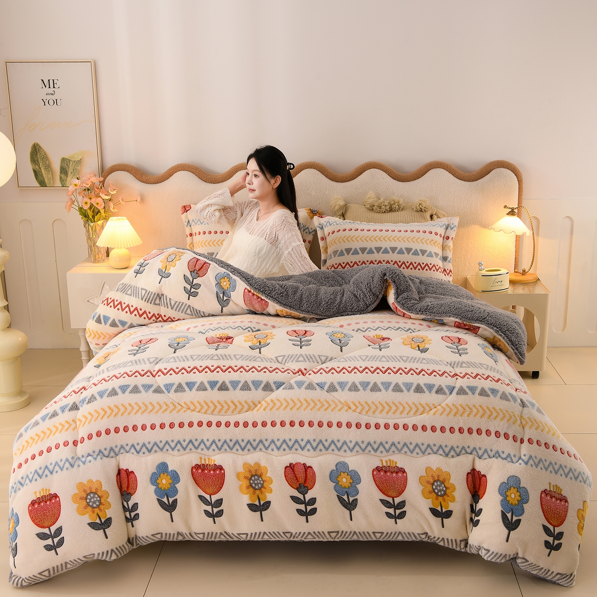 91家纺网 家纺一手货源 找家纺 南北家居 2025新款AB版雪花绒羊羔绒冬被被子被芯 波西米亚