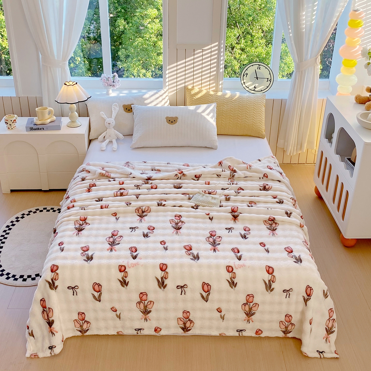 91家纺网 家纺一手货源 找家纺 爱彼家纺 2025秋冬新款高克重简约印花泡泡绒毯多功能毯毛毯毯子 粉色郁金香