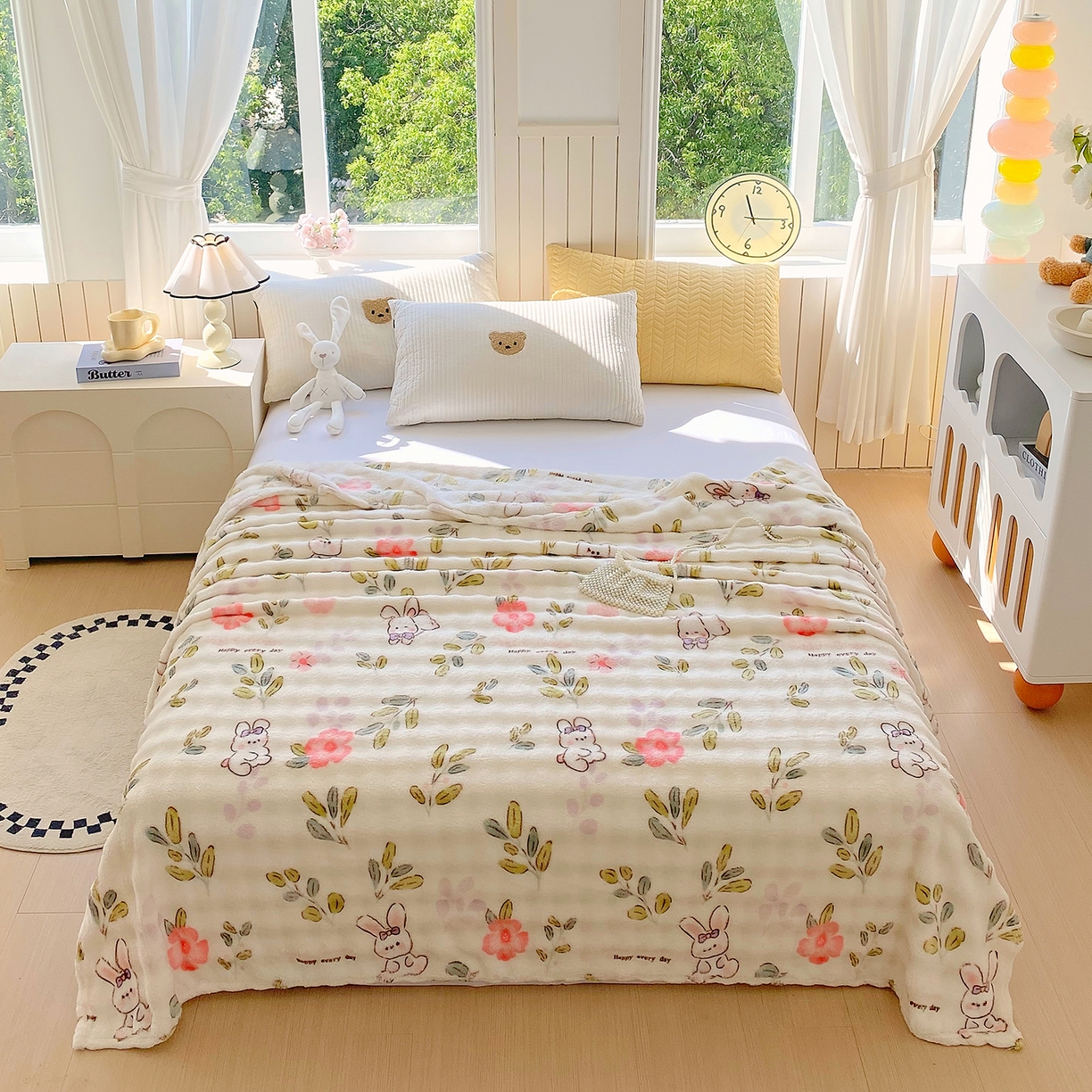 91家纺网 家纺一手货源 找家纺 爱彼家纺 2025秋冬新款高克重简约印花泡泡绒毯多功能毯毛毯毯子 青青小免