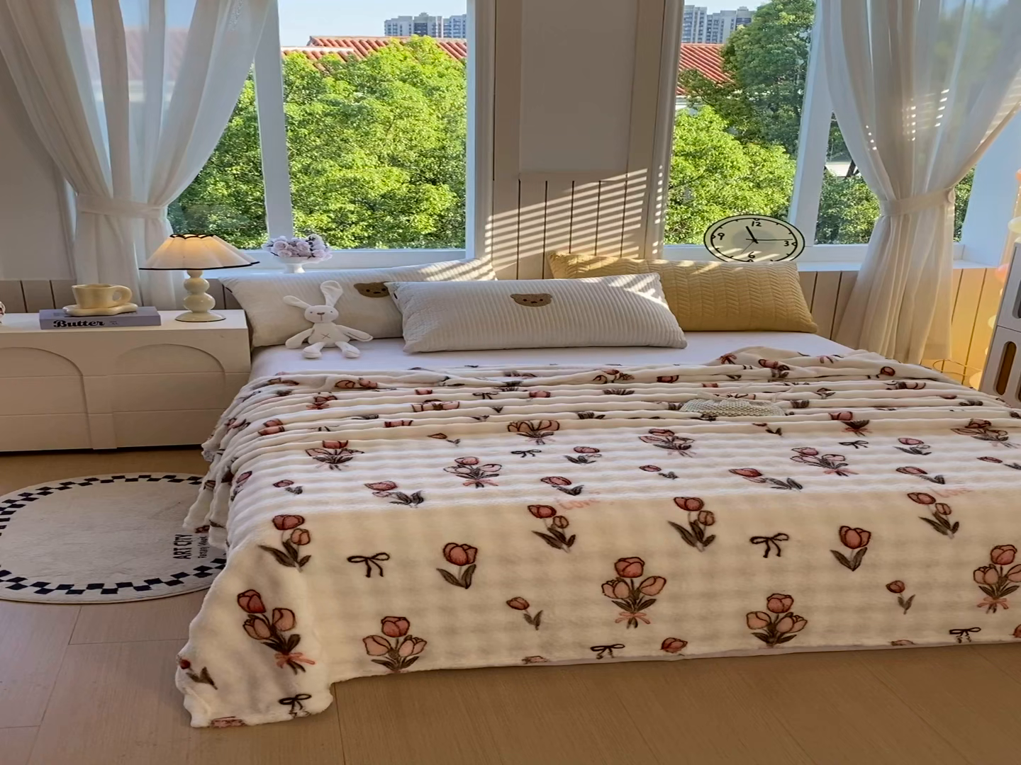 91家纺网 家纺一手货源 找家纺 爱彼家纺 2025秋冬新款高克重简约印花泡泡绒毯多功能毯毛毯毯子 粉色郁金香