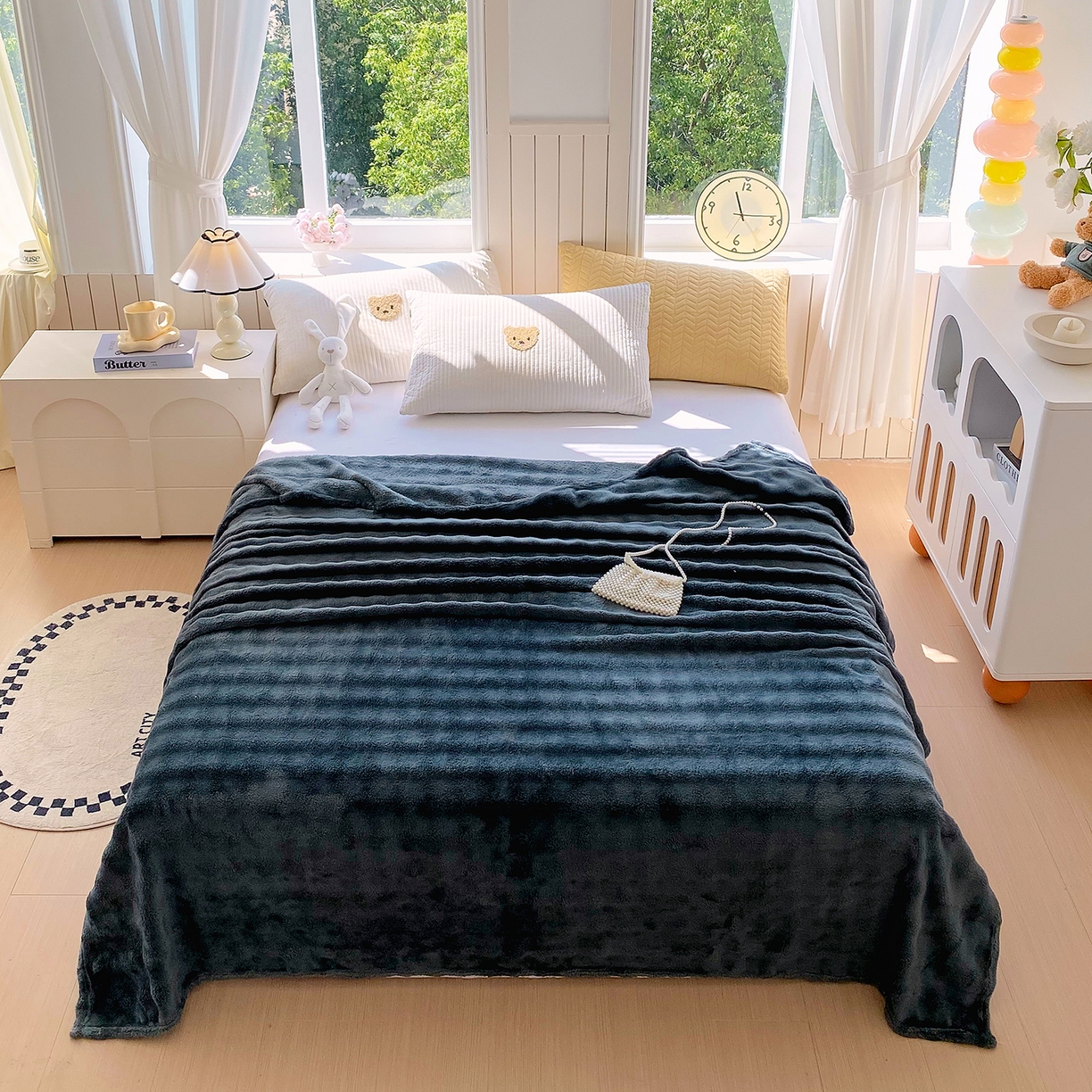 爱彼家纺 2025秋冬新款高克重简约印花泡泡绒毯多功能毯毛毯毯子 高级灰