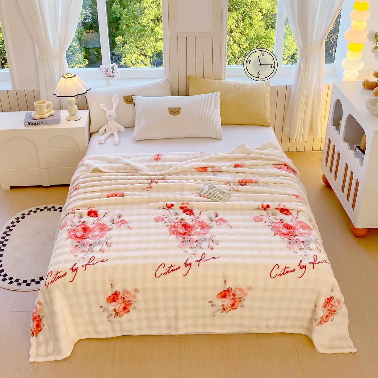 爱彼家纺 2025秋冬新款高克重简约印花泡泡绒毯多功能毯毛毯毯子 国色天香