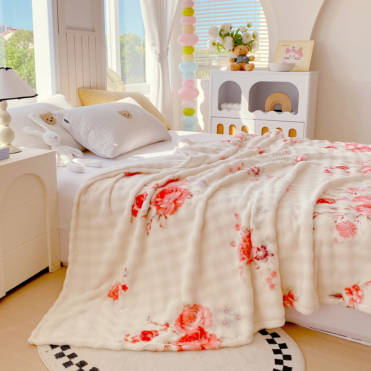 91家纺网 家纺一手货源 找家纺 爱彼家纺 2025秋冬新款高克重简约印花泡泡绒毯多功能毯毛毯毯子 国色天香