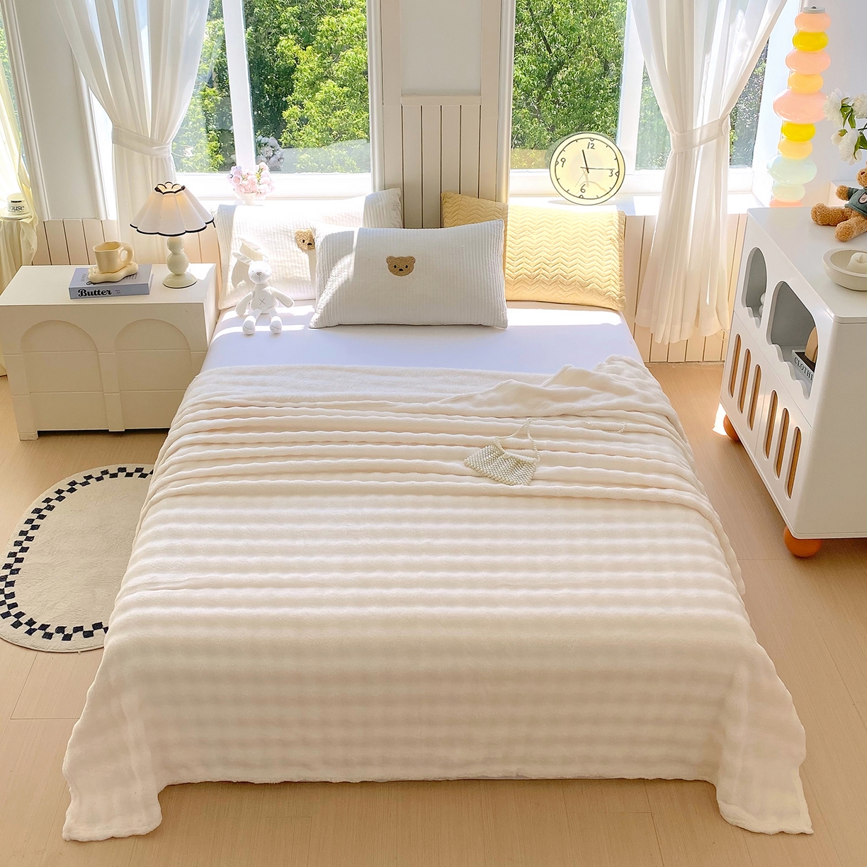 爱彼家纺 2025秋冬新款高克重简约印花泡泡绒毯多功能毯毛毯毯子 奶白