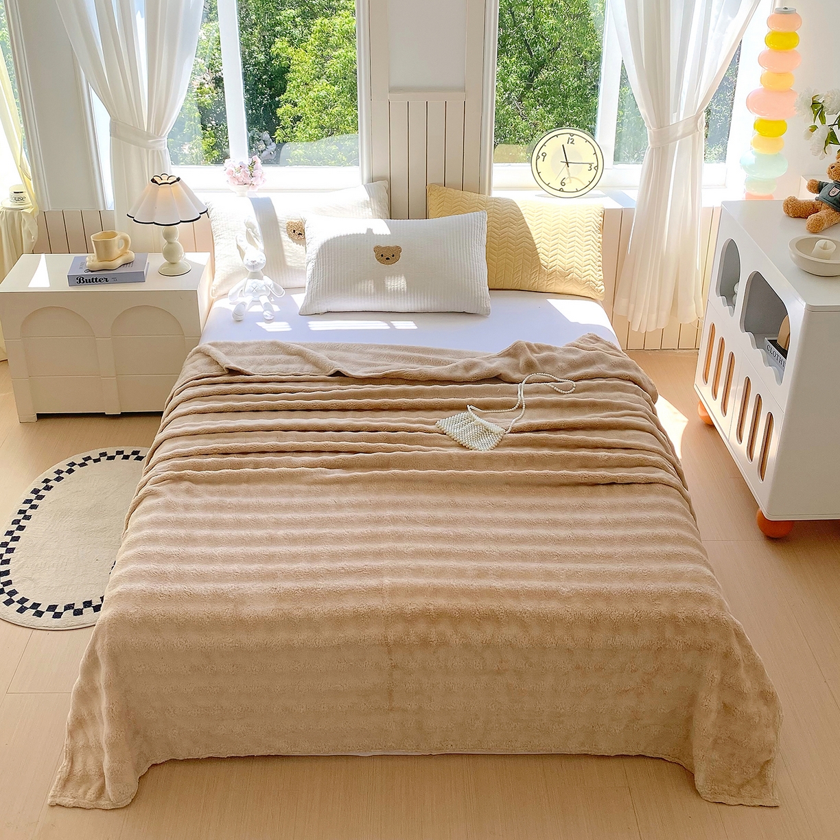 爱彼家纺 2025秋冬新款高克重简约印花泡泡绒毯多功能毯毛毯毯子 香槟色