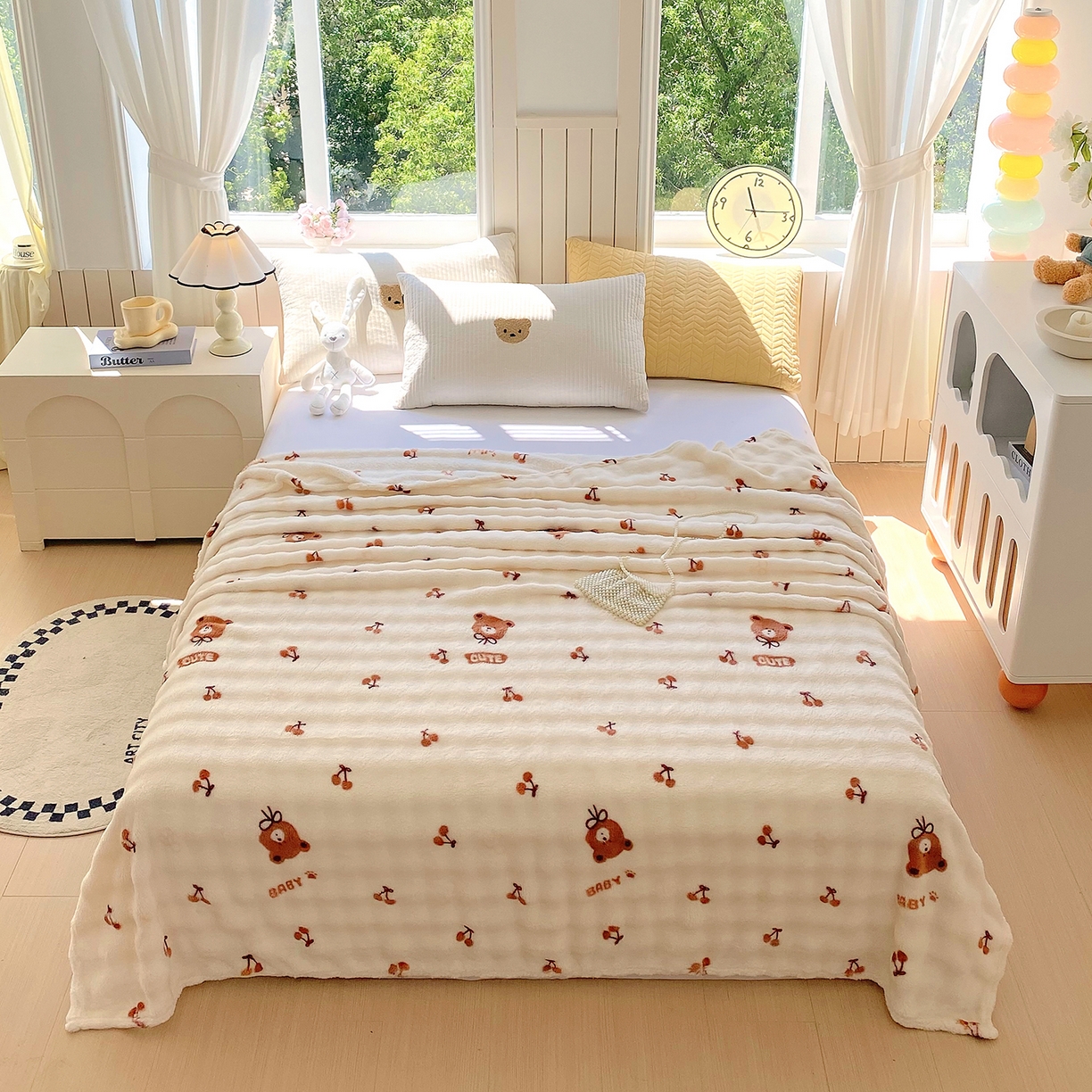 爱彼家纺 2025秋冬新款高克重简约印花泡泡绒毯多功能毯毛毯毯子 樱桃小熊