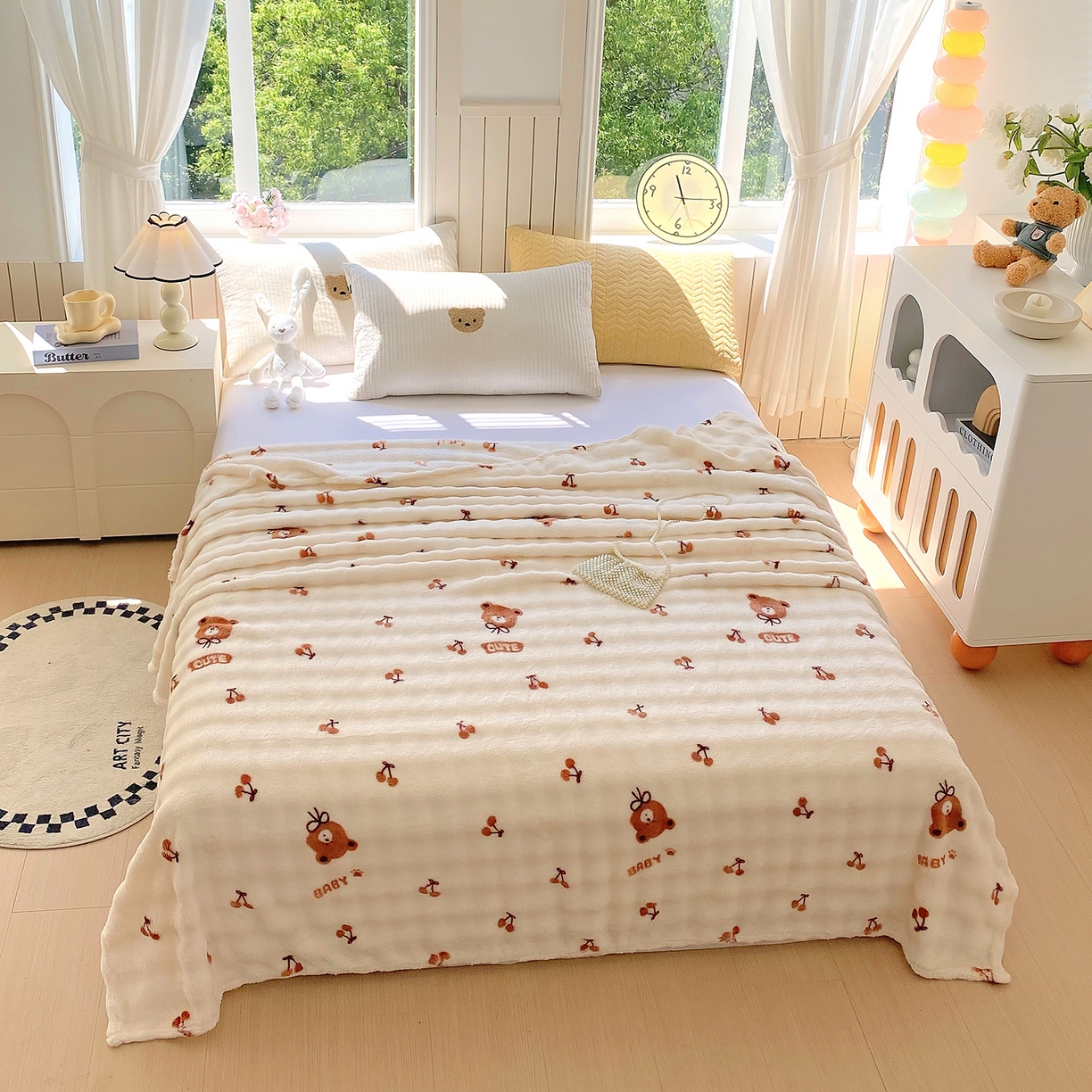 91家纺网 家纺一手货源 找家纺 爱彼家纺 2025秋冬新款高克重简约印花泡泡绒毯多功能毯毛毯毯子 樱桃小熊