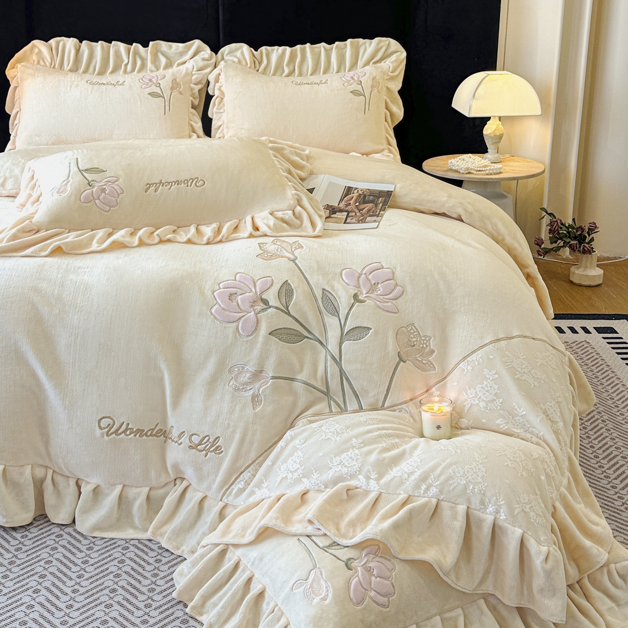 91家纺网 家纺一手货源 找家纺 （总）民新家纺 2025新款牛奶绒刺绣花边四件套-挚爱