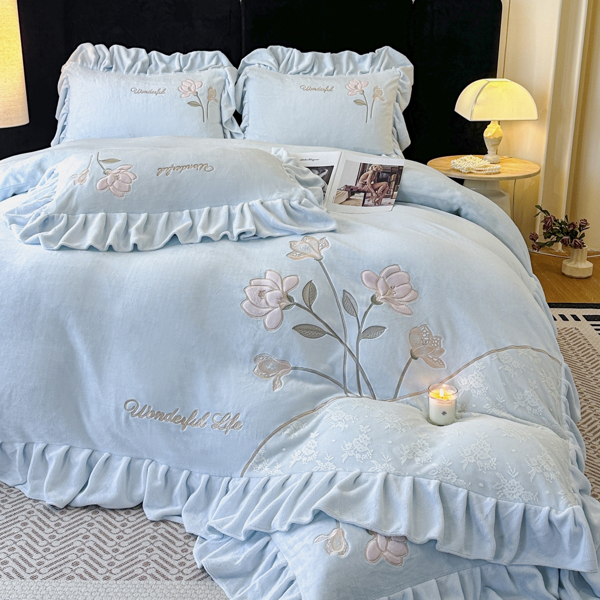 91家纺网 家纺一手货源 找家纺 （总）民新家纺 2025新款牛奶绒刺绣花边四件套-挚爱