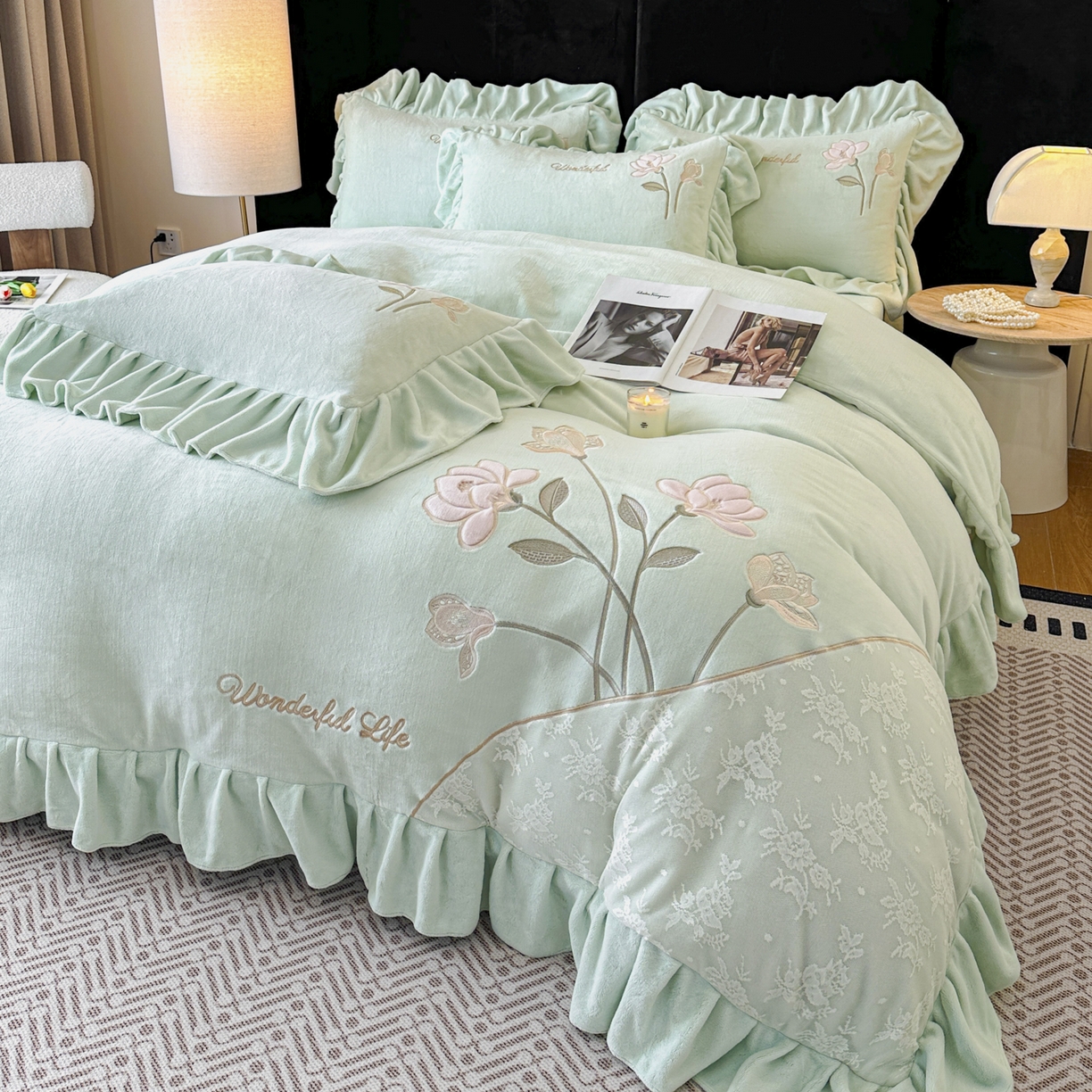 民新家纺 2025新款牛奶绒刺绣花边四件套-挚爱 挚爱-青柠绿