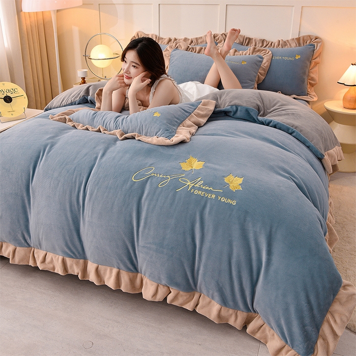 湘雪家居  2025新款高克重纯色刺绣牛奶绒床单款系列四件套-提供买家秀 钟爱款-宾利兰