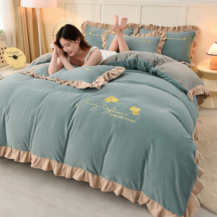 湘雪家居  2025新款高克重纯色刺绣牛奶绒床单款系列四件套-提供买家秀 钟爱款-草绿色