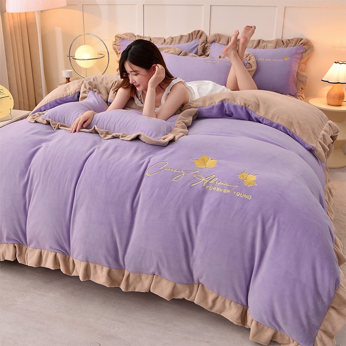 湘雪家居  2025新款高克重纯色刺绣牛奶绒床单款系列四件套-提供买家秀 钟爱款-熏韵紫