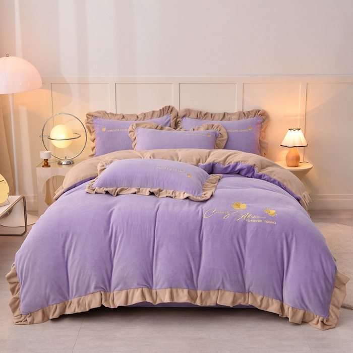 91家纺网 家纺一手货源 找家纺 湘雪家居  2025新款高克重纯色刺绣牛奶绒床单款系列四件套-提供买家秀 钟爱款-熏韵紫