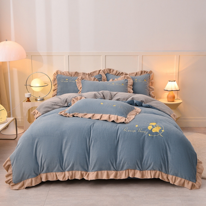 91家纺网 家纺一手货源 找家纺 湘雪家居  2025新款高克重纯色刺绣牛奶绒床单款系列四件套-提供买家秀 星语款-宾利兰