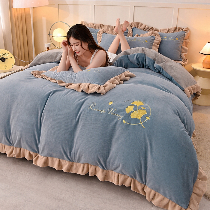 湘雪家居  2025新款高克重纯色刺绣牛奶绒床单款系列四件套-提供买家秀 星语款-宾利兰