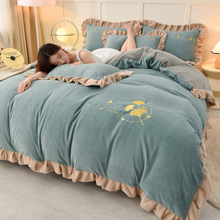 湘雪家居  2025新款高克重纯色刺绣牛奶绒床单款系列四件套-提供买家秀 星语款-草绿色