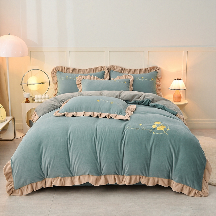 91家纺网 家纺一手货源 找家纺 湘雪家居  2025新款高克重纯色刺绣牛奶绒床单款系列四件套-提供买家秀 星语款-草绿色