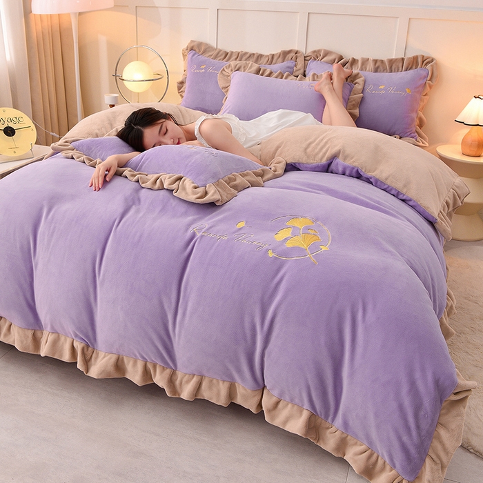 湘雪家居  2025新款高克重纯色刺绣牛奶绒床单款系列四件套-提供买家秀 星语款-熏韵紫