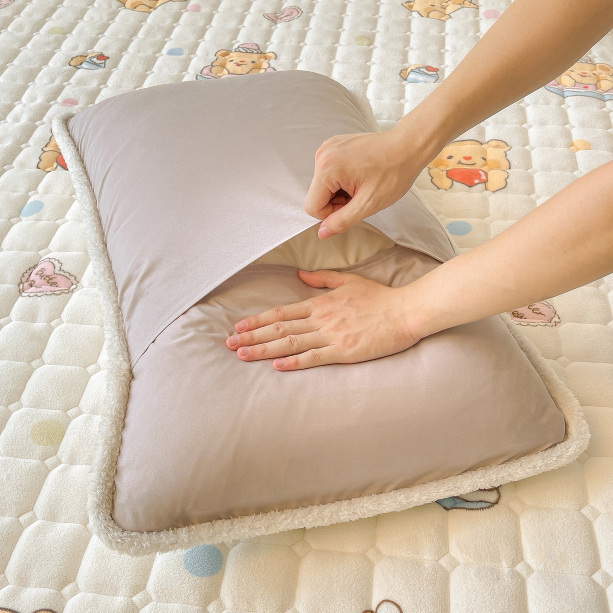 91家纺网 家纺一手货源 找家纺 LIFE.丽芙 2025秋冬新款A类牛奶绒加厚保暖夹棉枕套-包边款 小熊包