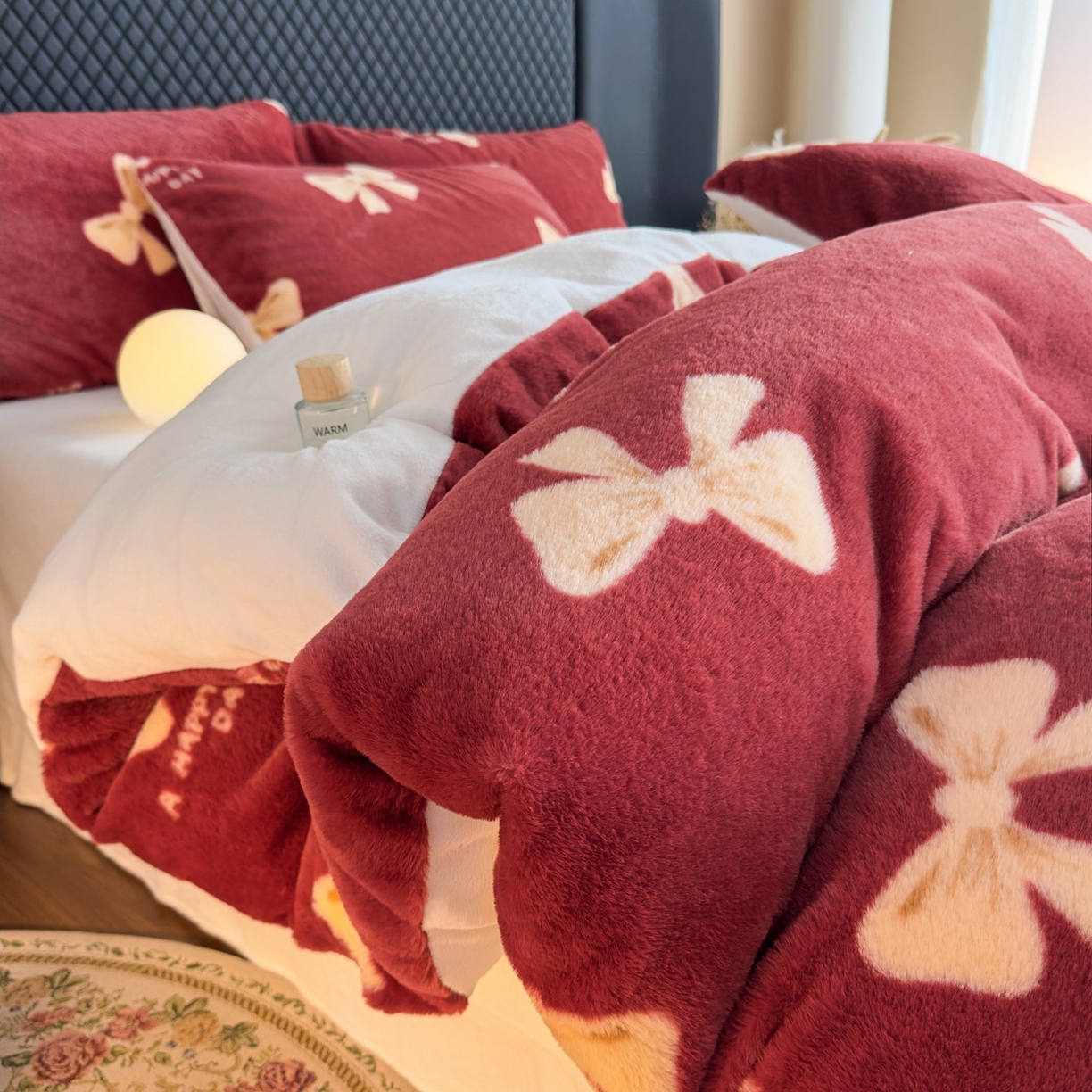 璐维斯 2025 A类舒适兔毛绒印花四件套卡通花卉牛奶绒秋冬保暖床上用品单被套三件套 蝴蝶结红