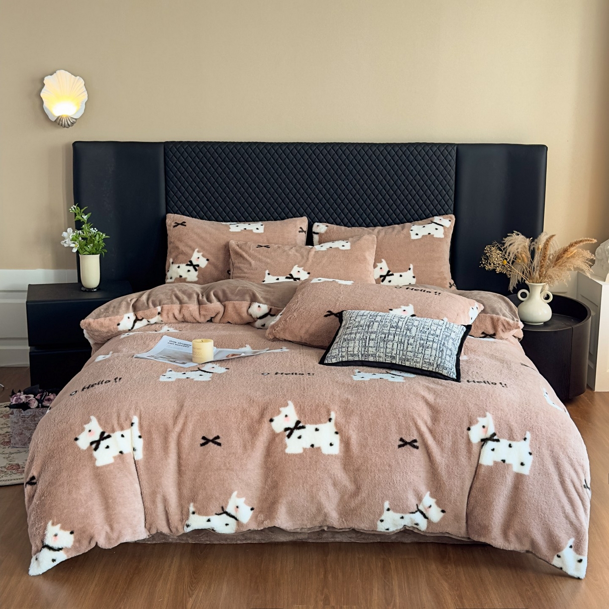 91家纺网 家纺一手货源 找家纺 璐维斯 2025 A类舒适兔毛绒印花四件套卡通花卉牛奶绒秋冬保暖床上用品单被套三件套 可爱狗