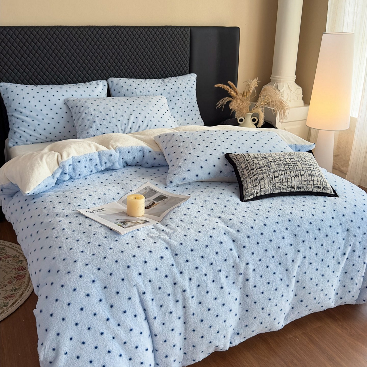 91家纺网 家纺一手货源 找家纺 璐维斯 2025 A类舒适兔毛绒印花四件套卡通花卉牛奶绒秋冬保暖床上用品单被套三件套 浪漫波点-蓝