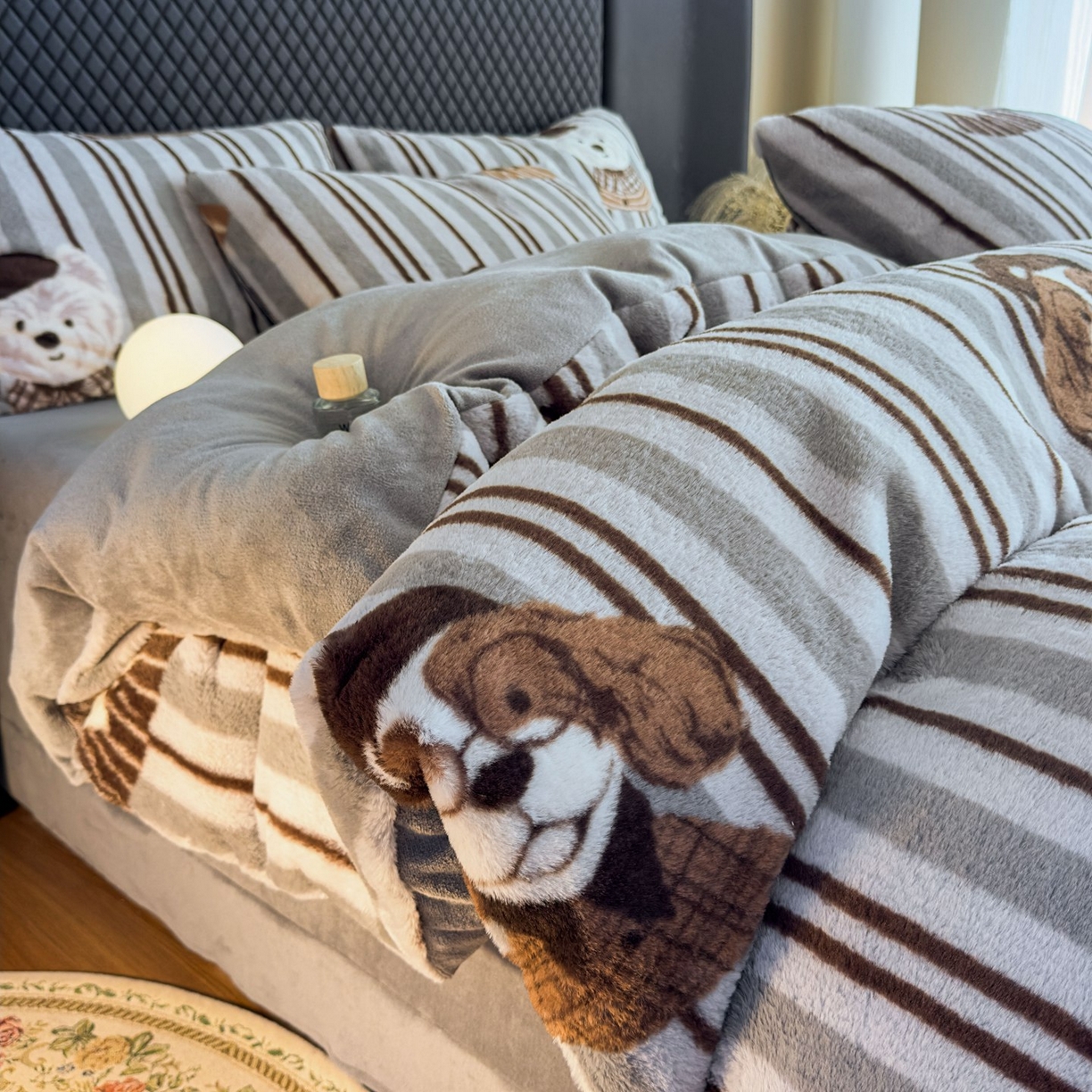 璐维斯 2025 A类舒适兔毛绒印花四件套卡通花卉牛奶绒秋冬保暖床上用品单被套三件套 时尚条纹狗