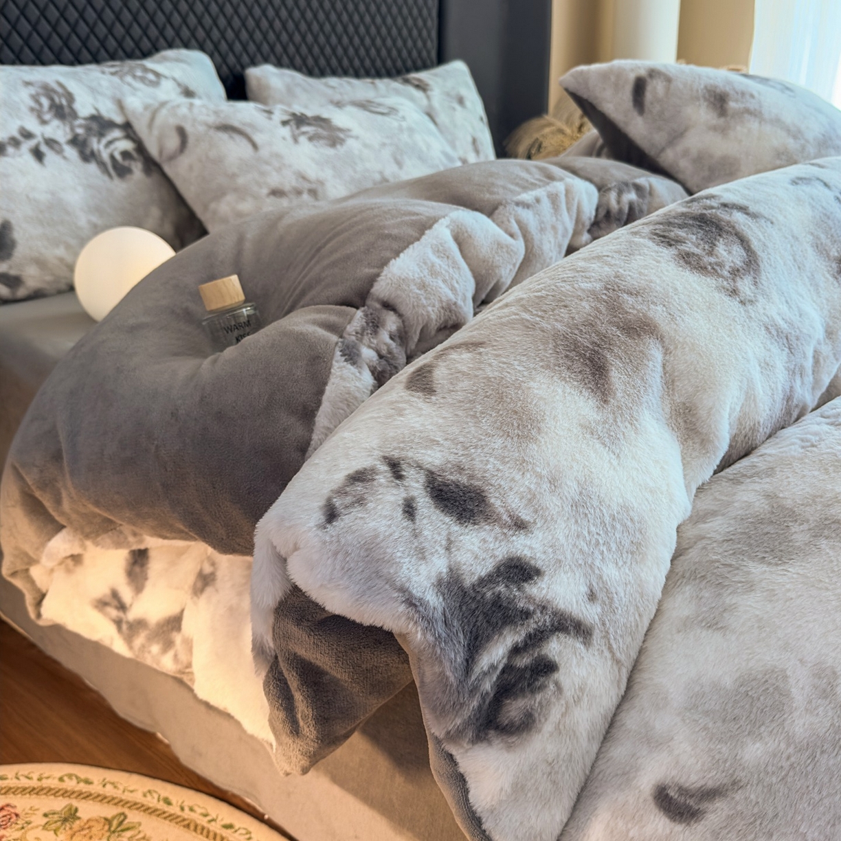 璐维斯 2025 A类舒适兔毛绒印花四件套卡通花卉牛奶绒秋冬保暖床上用品单被套三件套 繁花-灰