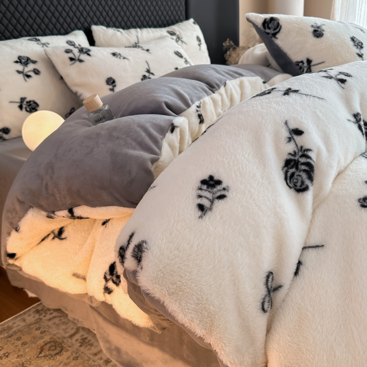 璐维斯 2025 A类舒适兔毛绒印花四件套卡通花卉牛奶绒秋冬保暖床上用品单被套三件套 玫瑰白