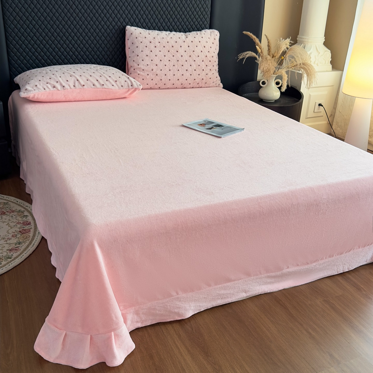 91家纺网 家纺一手货源 找家纺 璐维斯 2025 A类舒适兔毛绒印花四件套卡通花卉牛奶绒秋冬保暖床上用品单被套三件套 浪漫波点-粉