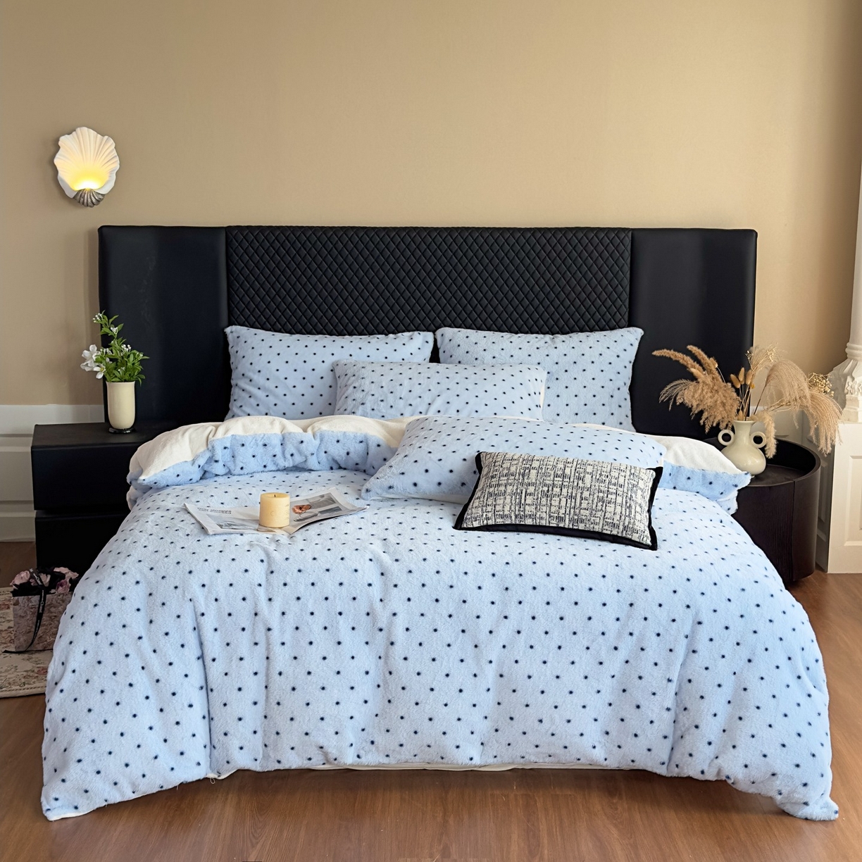 91家纺网 家纺一手货源 找家纺 璐维斯 2025 A类舒适兔毛绒印花四件套卡通花卉牛奶绒秋冬保暖床上用品单被套三件套 浪漫波点-蓝