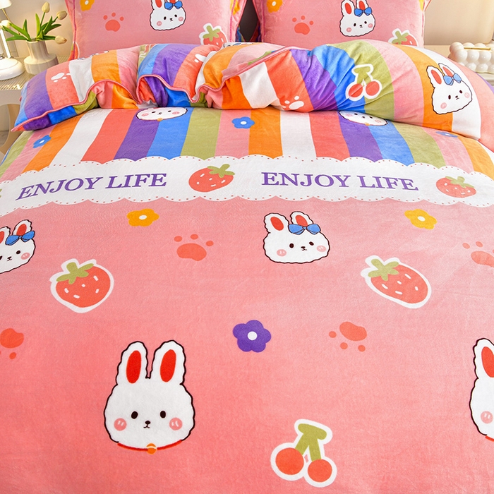 91家纺网 家纺一手货源 找家纺 缘莉娜家纺 2025高克重8斤牛奶绒四件套金貂绒法莱绒加厚保暖直播电商爆款 兔兔乐园