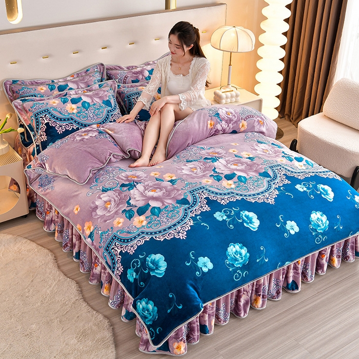 91家纺网 家纺一手货源 找家纺 缘莉娜家纺 2025高克重8斤牛奶绒四件套金貂绒法莱绒加厚保暖直播电商爆款 如花似锦