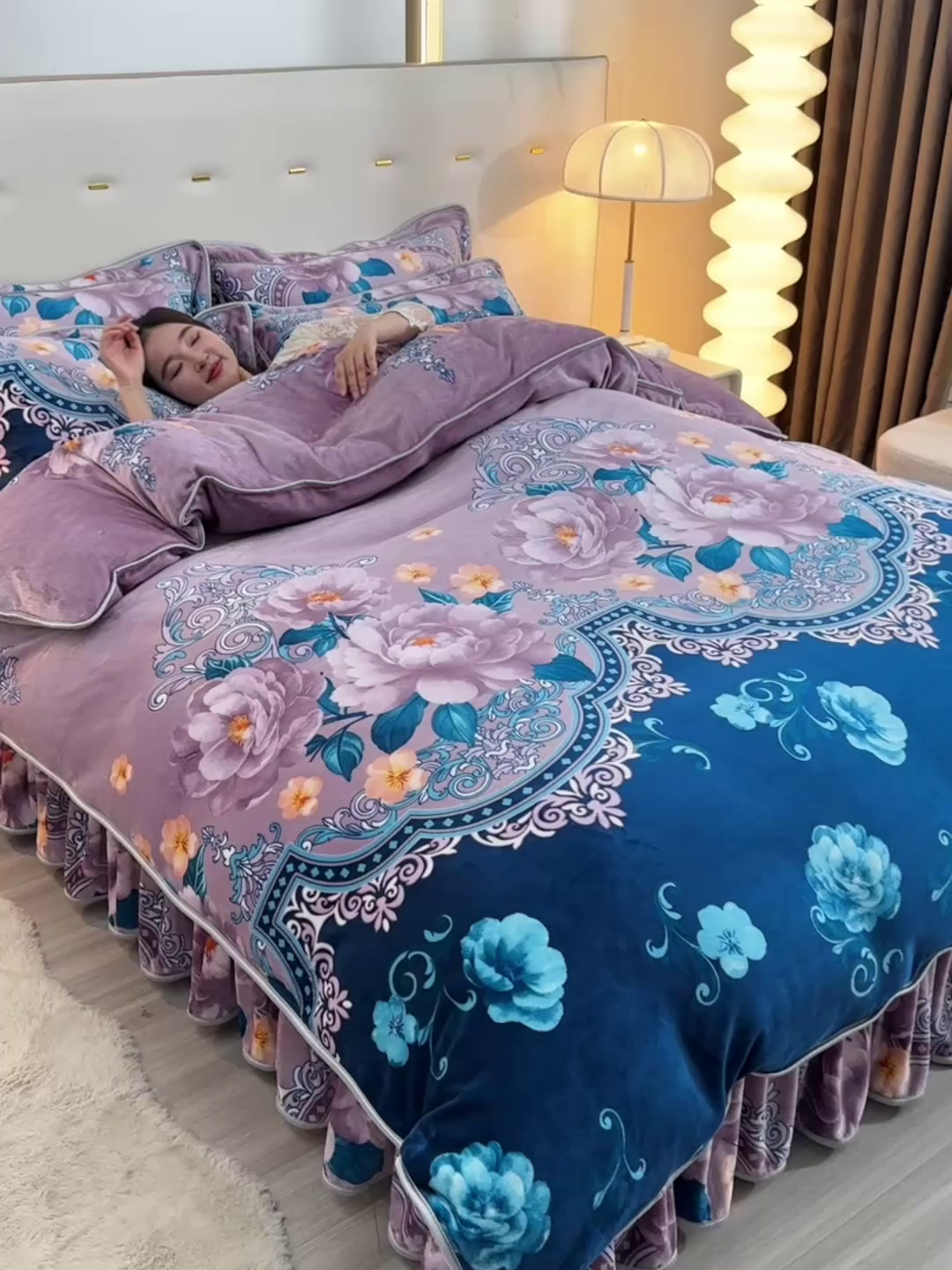 91家纺网 家纺一手货源 找家纺 缘莉娜家纺 2025高克重8斤牛奶绒四件套金貂绒法莱绒加厚保暖直播电商爆款 如花似锦