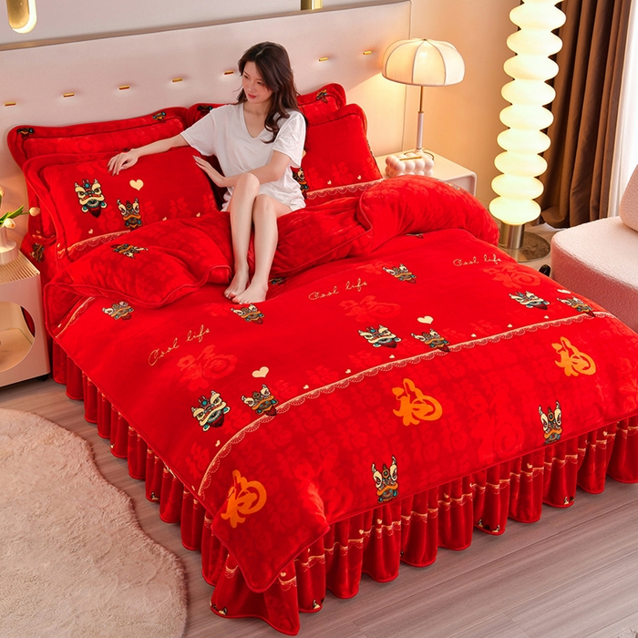 91家纺网 家纺一手货源 找家纺 缘莉娜家纺 2025高克重8斤牛奶绒四件套金貂绒法莱绒加厚保暖直播电商爆款 百福吉祥